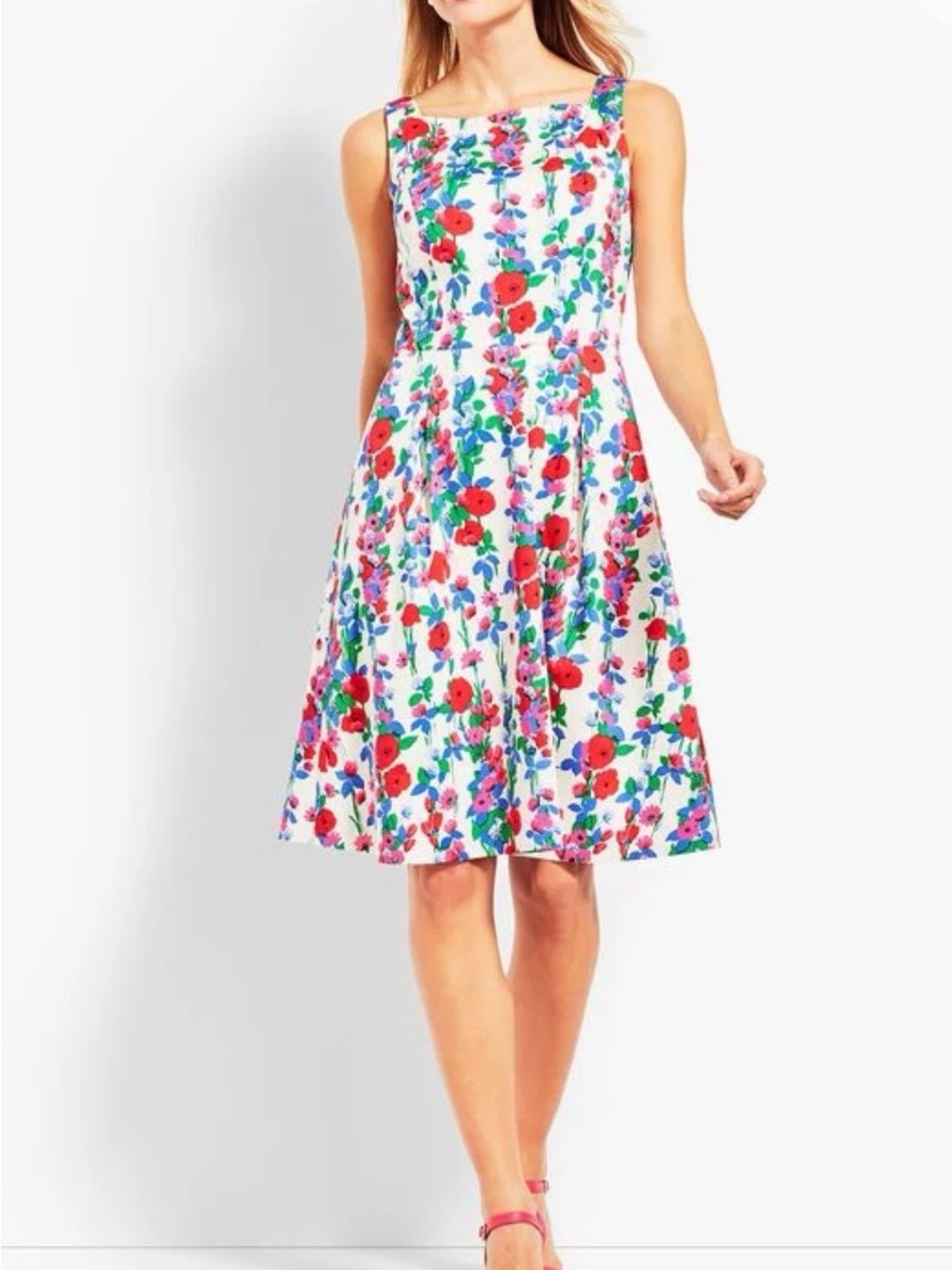 Talbots White Midi Dress with Red & Blue Floral Print